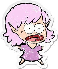 distressed sticker of a cartoon shocked elf girl