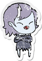 distressed sticker of a cartoon laughing vampire girl