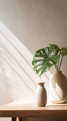 Stylish and Chic: Sunlit Green Plant in White Vase on Stone Counter Table Created Using Generative AI