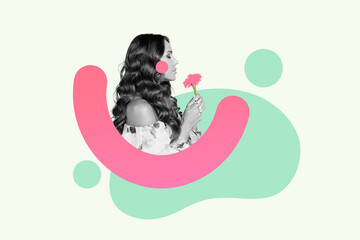 Photo collage young feminine lady celebrating spring season overjoyed emotion eyes closed smell pink flower feel inspiration