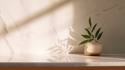 Organic Beauty Display: White Marble Counter with Green Tree and Beige Wall Created Using Generative AI
