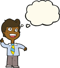 cartoon school boy raising hand with thought bubble