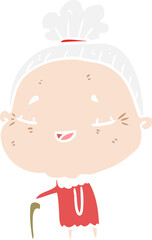 flat color style cartoon old woman with walking stick