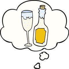 cartoon champagne bottle and glass and thought bubble