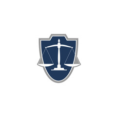 Law symbol logo, scale justice and shield icon isolated on white background