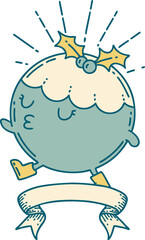 banner with tattoo style christmas pudding character walking