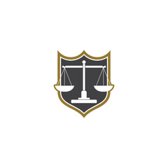 Law symbol logo, scale justice and shield icon isolated on white background