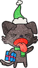 textured cartoon of a disgusted dog with christmas gift wearing santa hat
