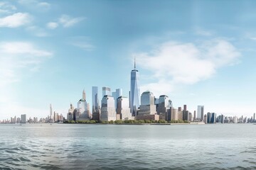 Fototapeta na wymiar High resolution panoramic view of Lower Manhattan from the Ellis Island - isolated on white. Clipping path included. Generative AI
