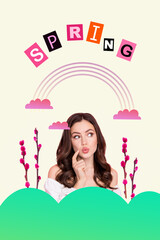 Photo collage young girl wonder admire nature awake cherry sakura tree blooming thrive pink stems rainbow cloud background