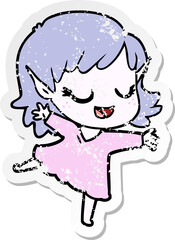 distressed sticker of a happy cartoon elf girl