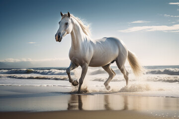 Obraz na płótnie Canvas White horse galloping over the beach at sunny day, running stallion landscape, generative ai