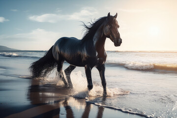 Black horse galloping over the beach at sunny day, running stallion landscape, generative ai
