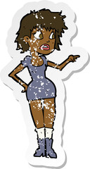 retro distressed sticker of a cartoon worried woman in dress pointing