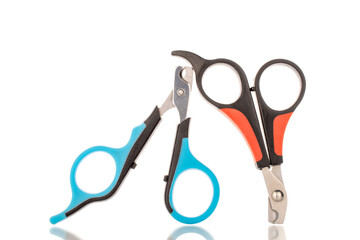 Two dog scissors, for trimming the claws, close-up, isolated on a white background.