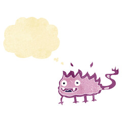 cartoon little fire demon with thought bubble