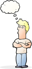 cartoon man with folded arms with thought bubble