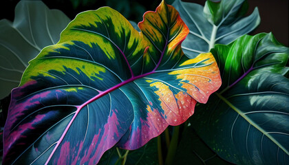 Alocasia zebrina colorful leaves background. Plant in the family Araceae. Endemic to the islands Philippines. Lush leaves of an exotic jungle with abundant vegetation. Ai generated.