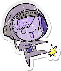 distressed sticker of a cartoon astronaut woman