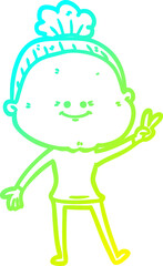 cold gradient line drawing cartoon happy old woman