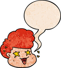 cartoon excited boy and speech bubble in retro texture style