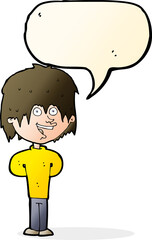 cartoon happy scruffy boy with speech bubble