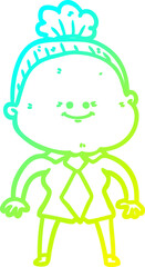 cold gradient line drawing cartoon happy old woman