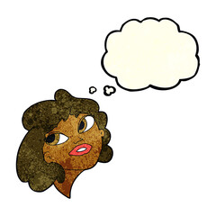 cartoon happy woman with thought bubble