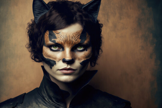 A Portrait of an attractive young woman with cat features painted on her face and wearing cat ears. Created with Generative AI, no one recognisable. Not a real person.