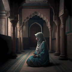 Moslem Female prayer at Mosque. Generative AI