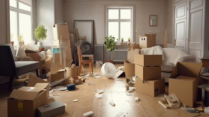 Messy moving boxes in home interior with hardwood floor next to a window.