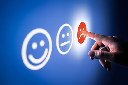 Bad review, negative customer feedback and complaint. Unhappy client complain. Survey, poll or questionnaire concept. Sad dissatisfied smile face. Low rank an rating. Poor business reputation.