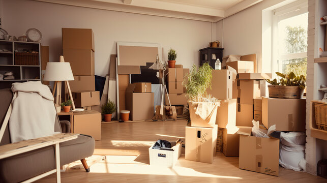 Home interior with moving boxes ready to be moved. Moving concept. New home.