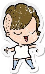 distressed sticker of a happy cartoon girl