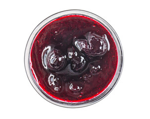 Glass bowl with black currant jam, sweet sauce isolated on transparent background, top view, PNG
