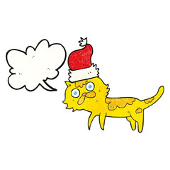 speech bubble textured cartoon cat wearing christmas hat