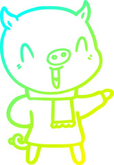 cold gradient line drawing happy cartoon pig in winter clothes
