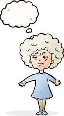 cartoon bitter old woman with thought bubble