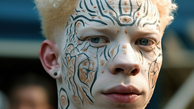 Beautiful portrait of aboriginal albino young man with paints on his face.