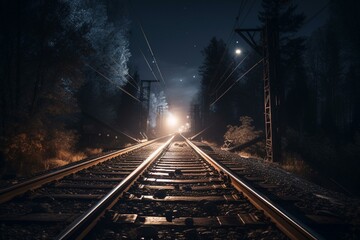 Fototapeta na wymiar railroad tracks in the night. Generative AI