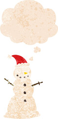 cartoon christmas snowman and thought bubble in retro textured style