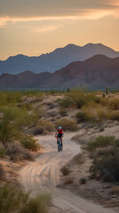 Obraz premium Silhouette of a person riding a bicycle on an isolated road giving the impression of peace and immensity. International bicycle day concept.