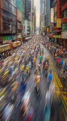 City street with thousands of cyclists on it carrying out a race. Bicycle day concept.