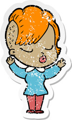 distressed sticker of a cartoon pretty hipster girl