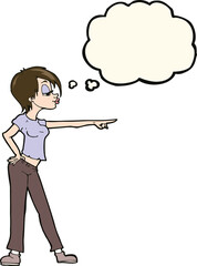 cartoon hip woman pointing with thought bubble