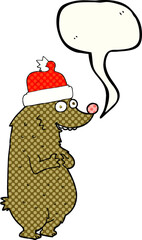 comic book speech bubble cartoon bear wearing christmas hat