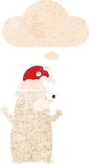cute cartoon christmas bear and thought bubble in retro textured style