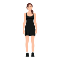 Flat poses set young woman character with red dress and shoes. Concept isolated silhouette girl with date clothing