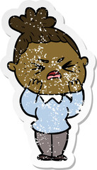 distressed sticker of a cartoon angry woman