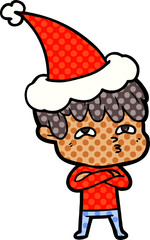 comic book style illustration of a curious man wearing santa hat